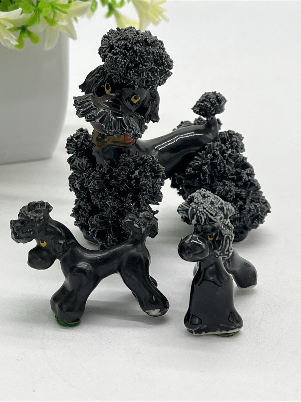 Vintage Black Spaghetti Poodle Mama 2 Puppies Figurine Set MCM Gold Collar